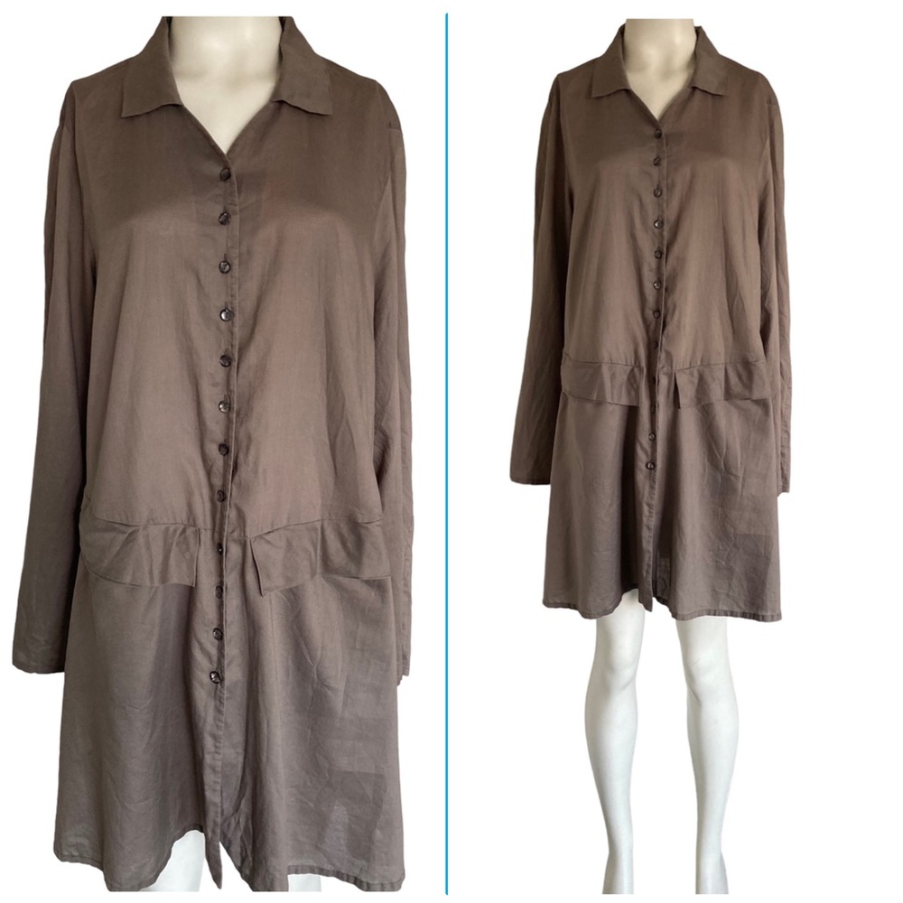 Elemente Clemente Grey-Brown Button Front Tunic Shirt Dress Sz 3 = L